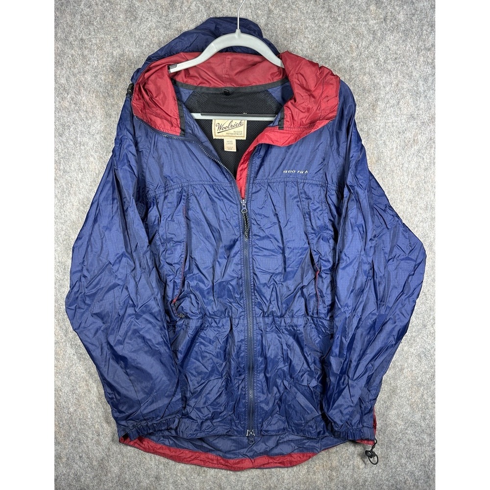 Vintage Woolrich Windbreaker Jacket Mens L Blue Red Hooded Nylon Outdoor Coat